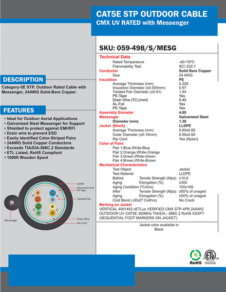 Cat5e, 350 Mhz, Shielded, UV Jacket, Outdoor, CMX, Messenger, 1000ft,  Black, Bulk Ethernet Cable, Wooden Spool